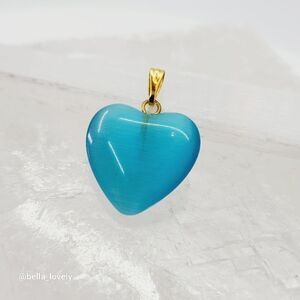 Blue Cat Eye Jasper Heart Pendant Gold Toned Bail 1.09"